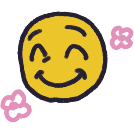 a yellow person smiling with two pink flower like shapes around them